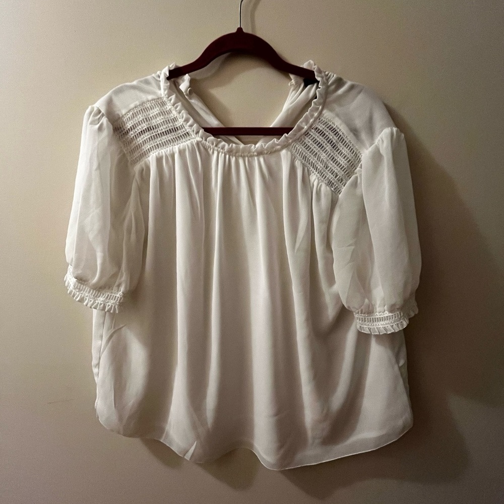 Adrianna Papell Cream Blouse with Puff Sleeves and Bib Collar